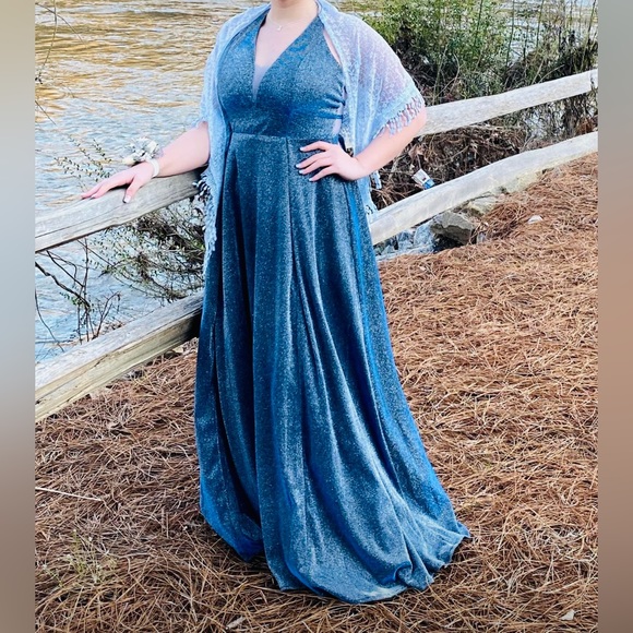 Metallic Blue Formal Evening Gown - Picture 3 of 12